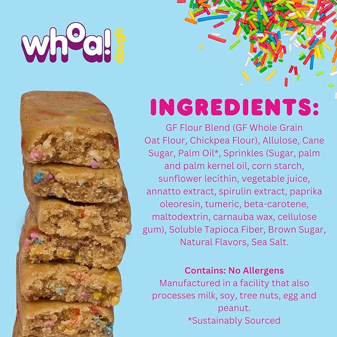 Whoa Dough Edible Cookie Dough Bars- Certified Non-GMO, Kosher and Gluten Free Bars - Healthy Snack Foods - Plant Based Snacks Made With Real Ingredients - Sprinkle Sugar Cookie Dough - 10 Pack