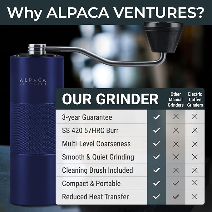 Manual Coffee Grinder by Alpaca Ventures - Stainless Steel Conical Burr Coffee Grinder Manual with Adjustable Setting Double Bearing Hand Espresso Grinder Perfect for Home, Office and Camping