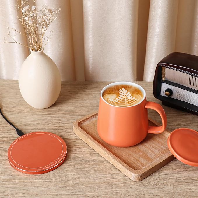 APEKX Self-Heating Ceramic Coffee Mug - Stable 130°F Temperature, 15W Wireless Phone Charging, 12.8 fl oz Capacity - USB-C Enabled. (Tangerine)
