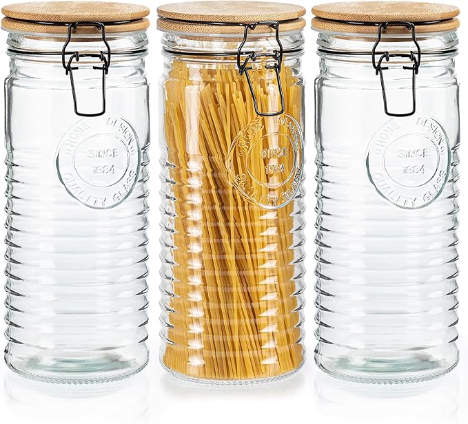 kitchentoolz Glass Storage Canister with Airtight Clasp Lids - Set of 3 Mason Jar Storage Containers for Cereal, Coffee & Rice - 56 Ounce Pantry Organizing Canister Set