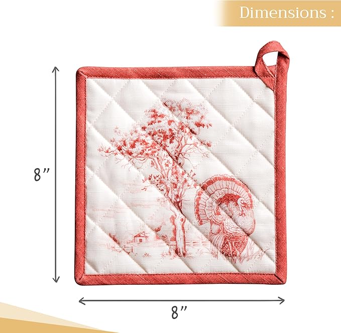 Maison d' Hermine Pot Holders Set 100% Cotton Heat Resistant Potholders 8" x 8" Hot Pads with Loop BBQ, Cooking, Baking, Grilling, Kitchen, Handling Hot Pans (Pack of 2, Holy Jouy - Red)