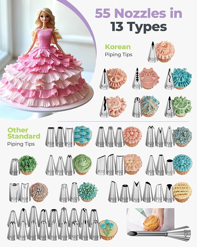 Kootek 90 PCs Piping Bags and Tips Set, Cake Decorating Supplies Kit with 55 Numbered Icing Piping Tips, 20+2 Pastry Bags for Cake Cupcake, Frosting Piping Kit with Booklet and eBook