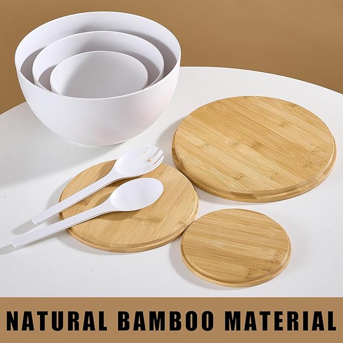 Large Salad Bowls with Bamboo Lids Set of 3, Mixing Nesting Bowls Round Serving Bowls with Servers for Salads, Kitchen Eating, Pastas, Popcorn, Chips, Trifle, Fruit, Food Prepare (White,10",8",6" )