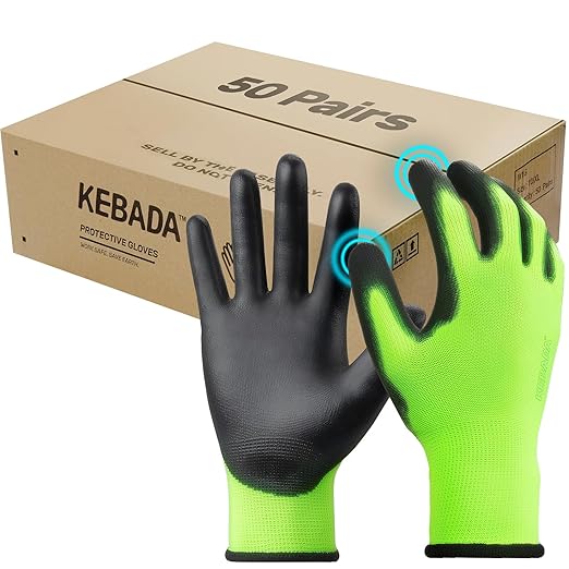 Kebada W1 Work Gloves for Men and Women, Touchscreen PU Coated Gloves with Grip, 50 Pairs Bulk Pack, Ideal for Warehouse Package Handling, Construction, Gardening, Green Small