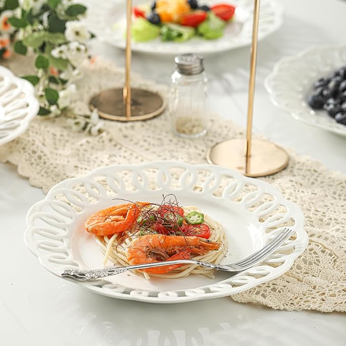 4 Pack 10" Dinner Serving Plates with Lace Rim, New Bone Porcelain Round Tableware Plates with Unique Hollow Out Design Scolloped Edge, White Dishes for Daily Use or as an Excellent Plate Idea