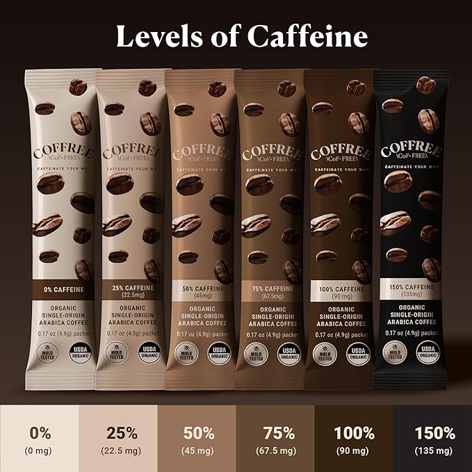 COFFREE Organic Instant Coffee Packets - 75% Half Caff Low Acid, Mold Free Coffee Made with Arabica Coffee Beans - Rich & Smooth Taste - Hot or Cold Single Serve Travel Packets 24 Pack Box