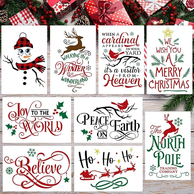 Christmas Stencils for Painting 12x8” Large Christmas Stencil Cardinal Believe Snowman Xmas Holiday Drawing Templates for Wood Shirts Door Mat Porch Hanger Decor(XMS Stencil 14-9p/12x8in)
