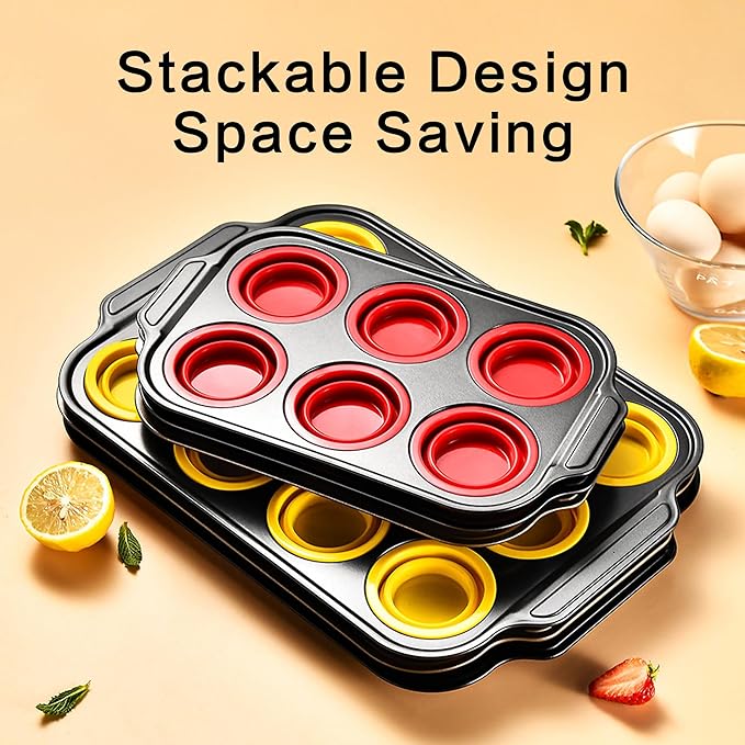 Silicone Muffin Pan, 12 Cup Muffin Pans with Metal Frame, Silicone Cupcake Pan for Baking, Non Stick Baking Cups with Press To Release Design, Cake Pop Mold, Egg Bites Mold, Yellow