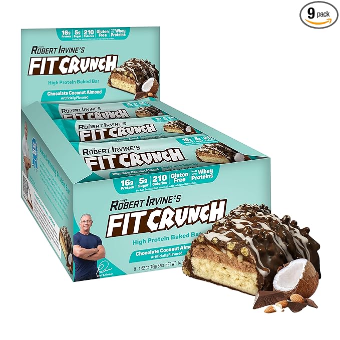 FITCRUNCH Snack Size Protein Bars, 6-Layer Baked Bar, 5g of Sugar & Soft Cake Core (9 Bars, Chocolate Coconut Almond)