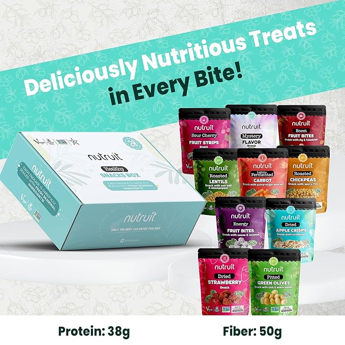 Nutruit Gourmet Healthy Snacks - 32 Pack MEGA Variety Box (12-14 Flavors) - Vegan, Gluten Free, Non-GMO Bulk Snacks - Kosher, High Protein, High Fiber, Plant-Based Healthy Snack - 1.2oz Packs