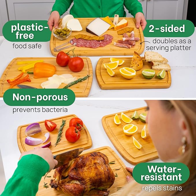 FSC® Certified Extra Large Bamboo Cutting Boards for Kitchen, Organic Wooden Cutting Board Set with 67% Larger Surface, Non-Toxic, Lifetime Replacements