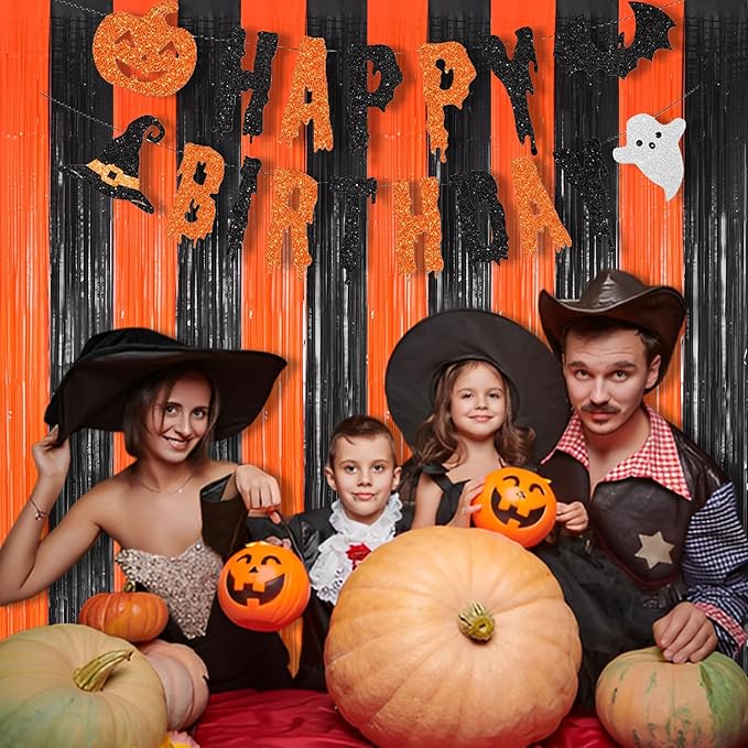 BRAVESHINE Tinsel Photo Backdrop Curtains - 2 Pack 3.2x8.2ft Black Orange Foil Fringe Streamer Curtain for Birthdays, Halloweens, Basketball, Pumpkins, Home, Indoor or Outdoor Party Decorations