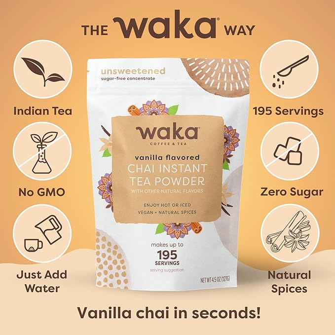 Waka Vanilla Chai Tea Mix - 100% Tea Leaves from India, Natural Spices, Unsweetened Tea Powder - No Sugar, No Additives, Up to 195 Cups (4.5oz Pouch, 195 Servings)