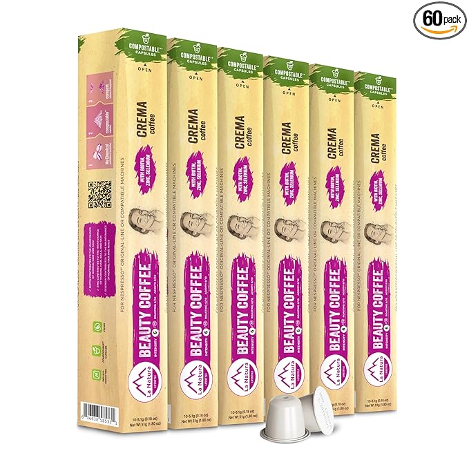 La Natura Lifestyle Beauty Coffee Pods - Crema Roast European-Style with Biotin, Zinc & Selenium for Hair, Skin & Nails Health - Compostable Nespresso Original Line Compatible Capsules - Pack of 60