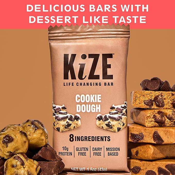 KiZE Energy Bars - Cookie Dough - 30-Count - Gluten Free, Dairy Free, Non-GMO, and High Protein Meal Replacement Energy Bars, Clean and Simple Food Ingredients - 10g High Protein Snacks (30 Count)