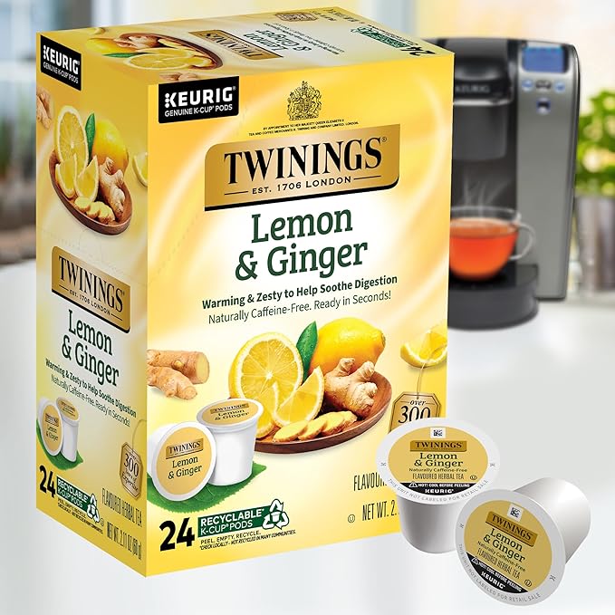 Twinings Lemon & Ginger Herbal Tea K-Cup Pods for Keurig, 24 Count (Pack of 1), Tangy & Spicy, Naturally Caffeine-Free, Enjoy Hot or Iced