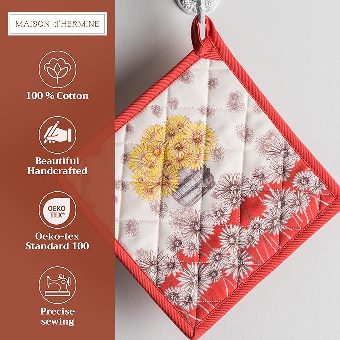Maison d' Hermine Pot Holders 100% Cotton Heat Resistant Potholders 8" x 8" Hot Pads with Loop BBQ, Cooking, Baking, Grilling, Kitchen, Handling Hot Pans (Pack of 1, Bagatelle)