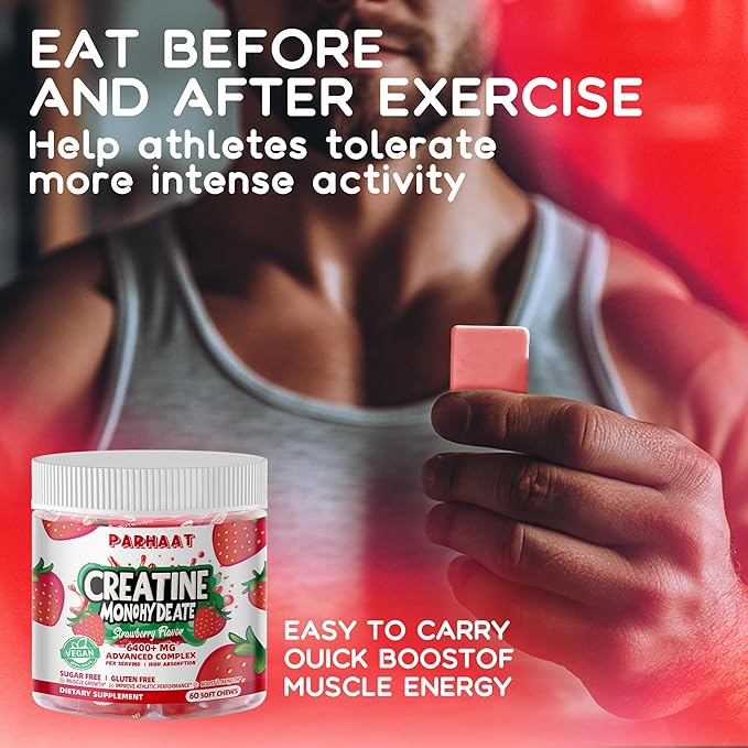 Creatine Monohydrate Chews Complex 6400mg for Men & Women -Advanced Formula W/L-Taurine + Vitamin B12, Sugar Free Chewable Supplement,60 Strawberry Softchews