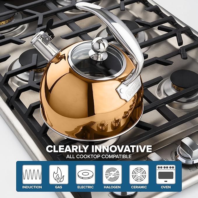Viking 3-Ply Stainless Steel Tea Kettle, 2.6 Quart Stovetop Hot Water Pot with Tempered Glass Lid, Ergonomic Handle, Induction Ready, Rose Gold