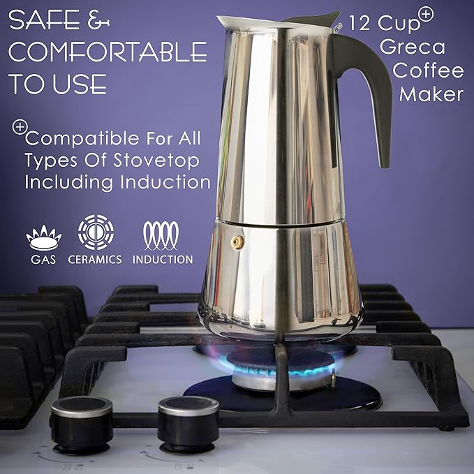 Mixpresso 12 Cup Greca Stovetop Espresso Pot 600ml/20oz, Moka Pot with Coffee Percolator Design, Stainless Steel Stove Top Coffee Maker for Camping or Home Use,Italian Stovetop Espresso Maker