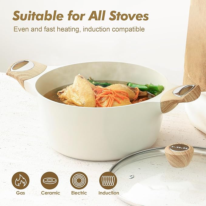 SENSARTE Ceramic Nonstick Stock Pot with Lid, 2.6/4.5/6.6 QT Soup Pot Casserole Pot, Non-toxic Healthy Pasta Pot, Large Cooking Pot Stew Pot, Induction Compatible, PFOA PFAS PTFE Free, White