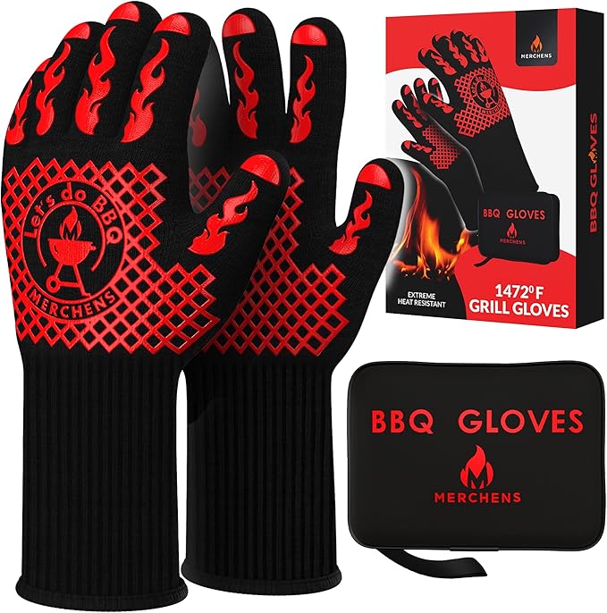 Pro-Series BBQ Gloves - Heat Resistant Grill, Grilling, and Oven Gloves for Culinary Experts - Extreme Fireproof Protection, Silicone Grip, Extra Long Mitts - Indoor & Outdoor - with Protective case