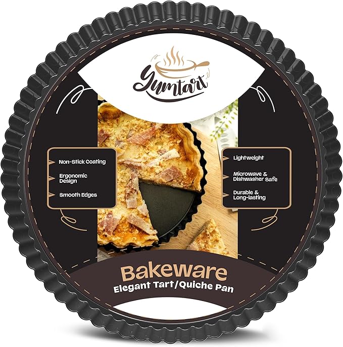 9 Inch Tart Pan with Removable Bottom – Non-Stick Deep Fluted Quiche and Pie Pan, Carbon Steel Loose Bottom Tart Pan, 9.5 Inch Top / 9 Inch Base, 1.1 Inch Deep Baking Pan