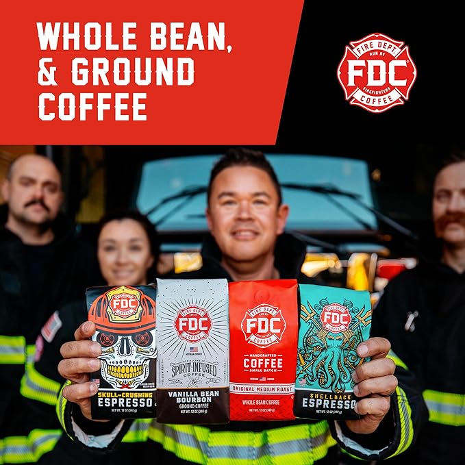 Fire Department Coffee - Vanilla Bourbon Coffee - Gives Back to Firefighters - Vanilla Bean Bourbon Infused - Ground Medium Roast - Non-Alcoholic - Roasted in the USA - Veteran Owned - 12 oz