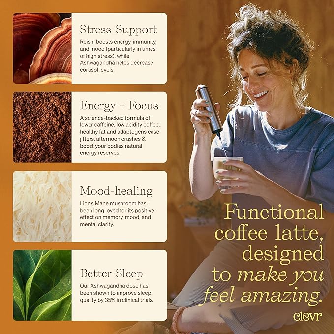 Clevr Blends Mushroom Coffee Latte, Instant Powder with Oat Milk, Lions Mane, Reishi Mushroom, Arabica Coffee Beans Medium Roast Fair Trade, Coconut Cream, Ashwagandha, Serve Hot or Iced, (14 Lattes)