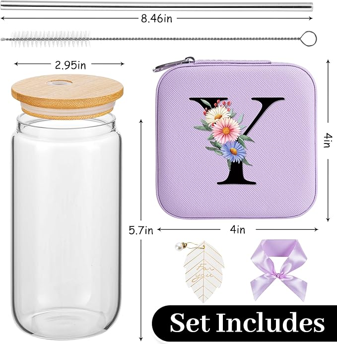 AYGXU Travel Gifts for Women,16oz glass cups with lids and straws,mom birthday gifts,aesthetic cups,coffee cups,travel jewelry case organizer,Travel Essentials Small Jewelry Box,Initial Y purple