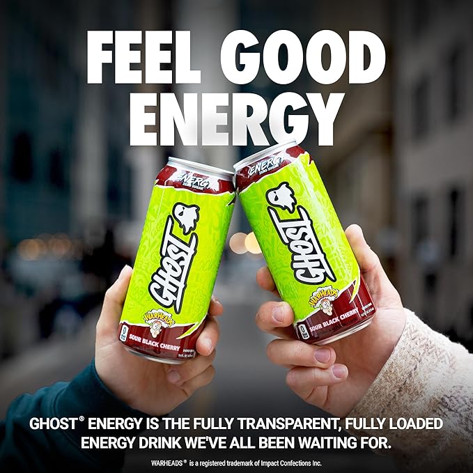 GHOST Energy Drink - 12-Pack, Warheads Sour Black Cherry, 16oz - Energy & Focus & No Artificial Colors - 200mg of Natural Caffeine, L-Carnitine & Taurine - Gluten-Free & Vegan