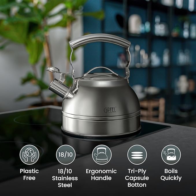 Whistling Tea Kettle Stovetop - Food Grade Stainless Steel Teapot for Stove Top with Ergonomic Handle for Gas, Induction, Electric Stovetops 2.3 Quart