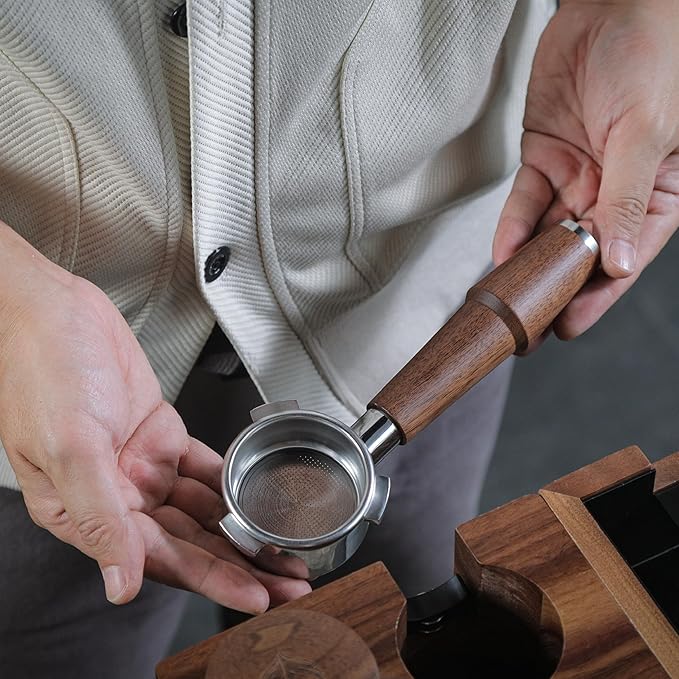 Breville Barista Express Accessories Kit 6pcs Includes 54mm Walnut Tamping Stand, Auto Leveling Tamper, Distributor, Bottomless Portafilter, Dosing Funnel and Puck Screen