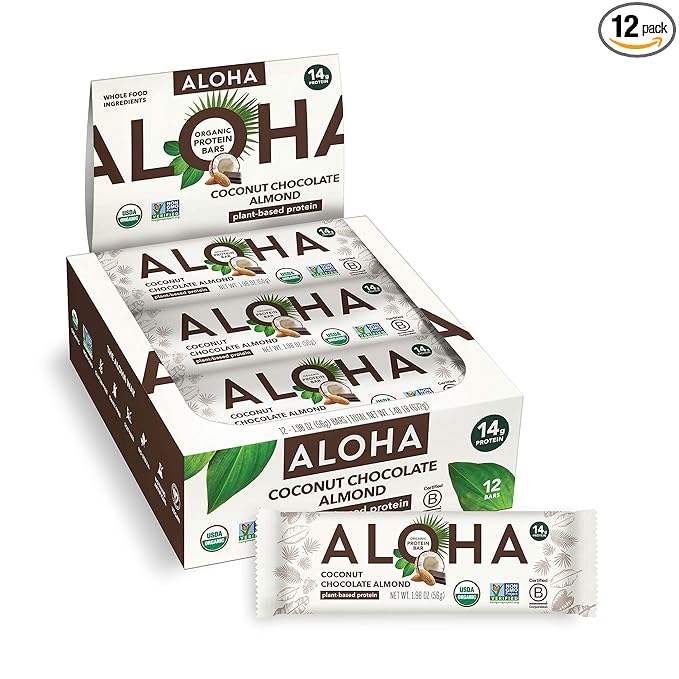 ALOHA Organic Plant Based Protein Bars - Chocolate Coconut Almond, Vegan, Low Sugar, Gluten-Free, Low Carb, Non-GMO, No Stevia, No Erythritol - 12 Count (Pack of 1)