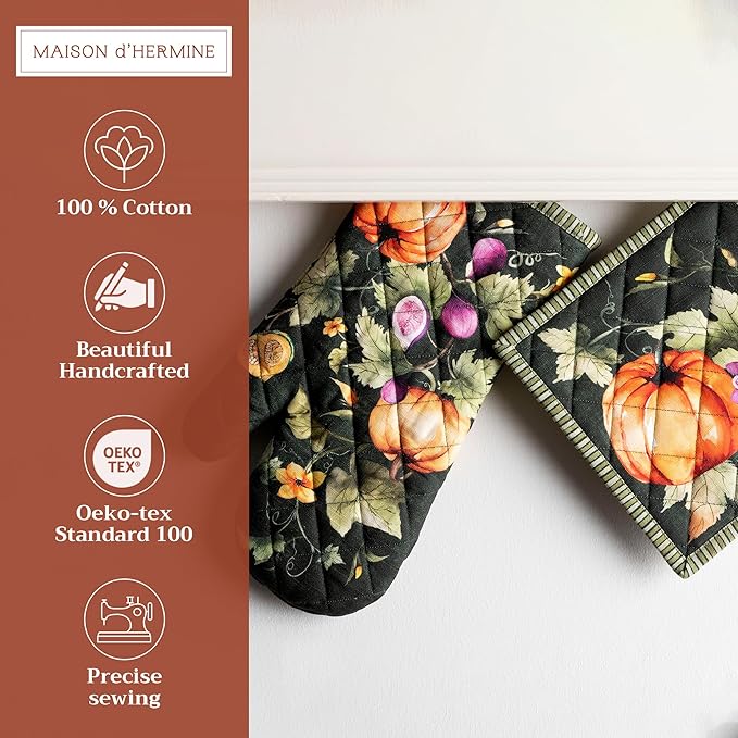 Maison d' Hermine 100% Cotton Oven Mitt & Pot Holder Set (7.5"x13" & 8"x8") Heat Resistant BBQ Cooking Gloves with Loop, Baking, Grilling, Kitchen, Handling Hot Pans (Pumpkin Garden - Dark Green)