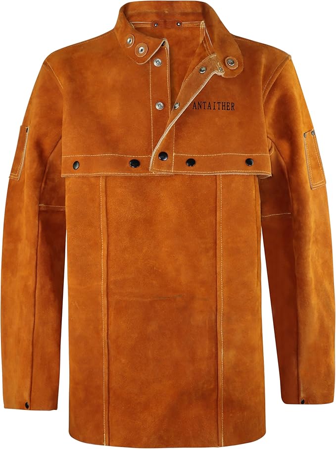 ANTAITHER Leather Welding Jacket with Open Back, Bib Apron with Cape Sleeve, Heat Flame Resistant Welder Coat