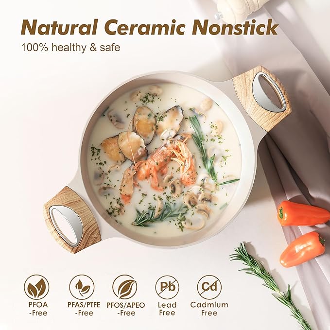 SENSARTE Ceramic Nonstick Stock Pot with Lid, 2.6/4.5/6.6 QT Soup Pot Casserole Pot, Non-toxic Healthy Pasta Pot, Large Cooking Pot Stew Pot, Induction Compatible, PFOA PFAS PTFE Free, Taupe