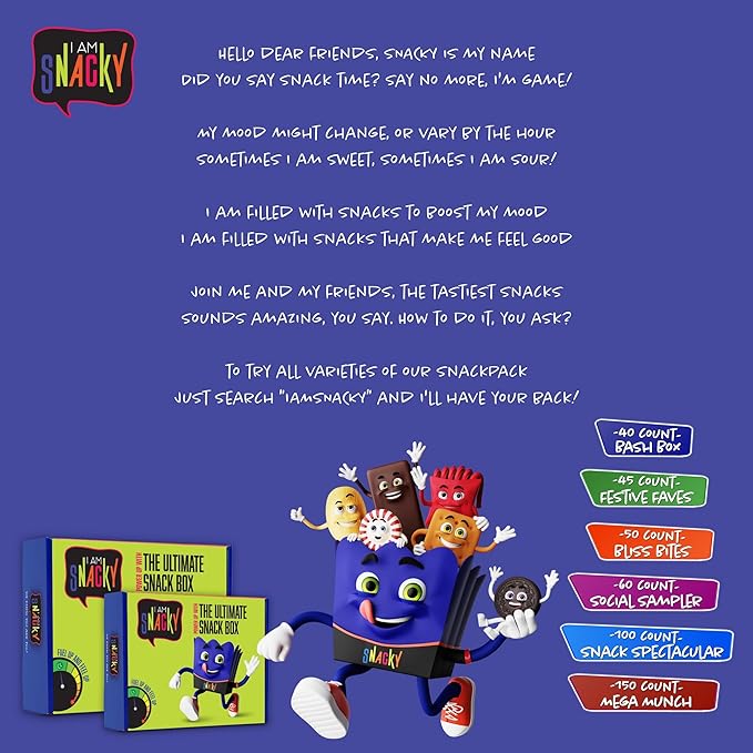 I AM Snacky - Thanksgiving Snack Box Variety Pack Care Package + Greeting Card - SNACKY'S BASH BOX (40 Count) Birthday Sweet Treats Gift Basket, Candies Chips, Office Food Assortments