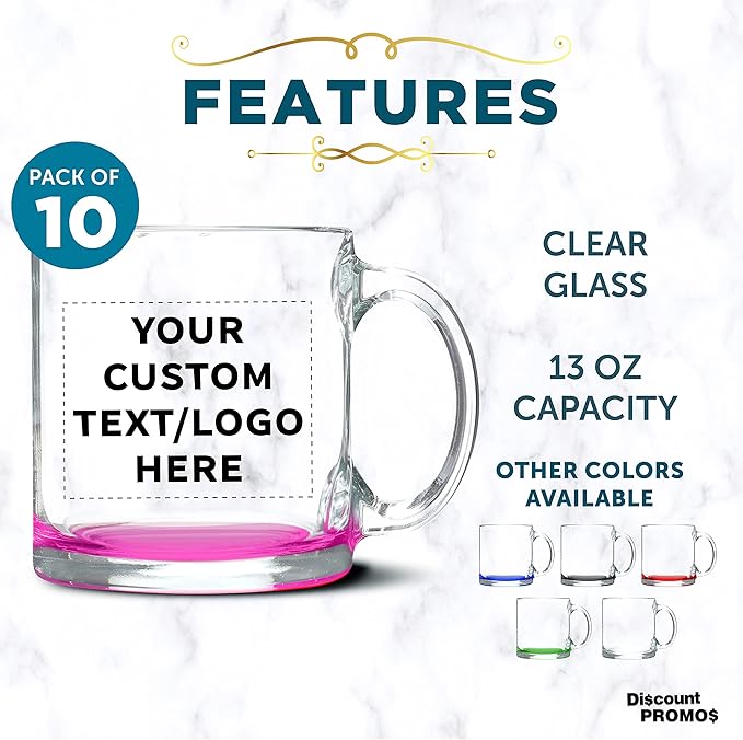 Custom Libbey Clear Glass Coffee Mugs 13 oz. Set of 10, Personalized Bulk Pack - Perfect for Coffee, Tea, Espresso, Hot Cocoa, Other Beverages - Pink Bottom