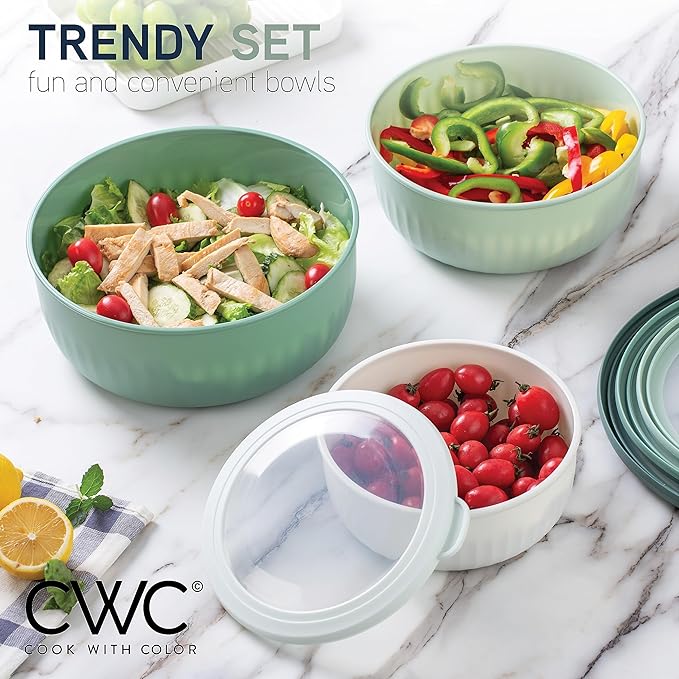 COOK WITH COLOR Prep Bowls with Lids- Wide and Deep Nesting Plastic Small Mixing Bowl Set with Lids, 12 Piece Set - Wide Bowls, Sage