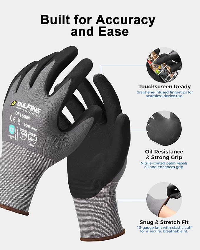 DULFINE Safety Work Gloves MicroFoam Nitrile Coated-24 Pairs Pack,Seamless Knit Nylon Glove with Black Micro-Foam Nitrile Grip,Ideal for General Purpose,Automotive,Home Improvement,Painting(X-Large)