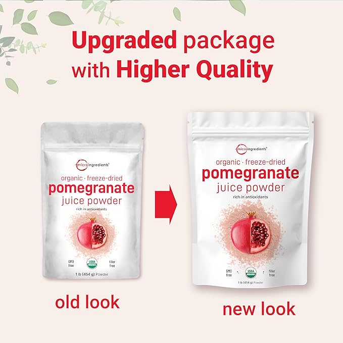 Organic Pomegranate Juice Powder, 1 Pound | 100% Natural Fruit Powder | Freeze Dried & Cold Pressed | No Sugar & Additives | Great Flavor for Drinks, Smoothie, & Beverages | Non-GMO & Vegan Friendly