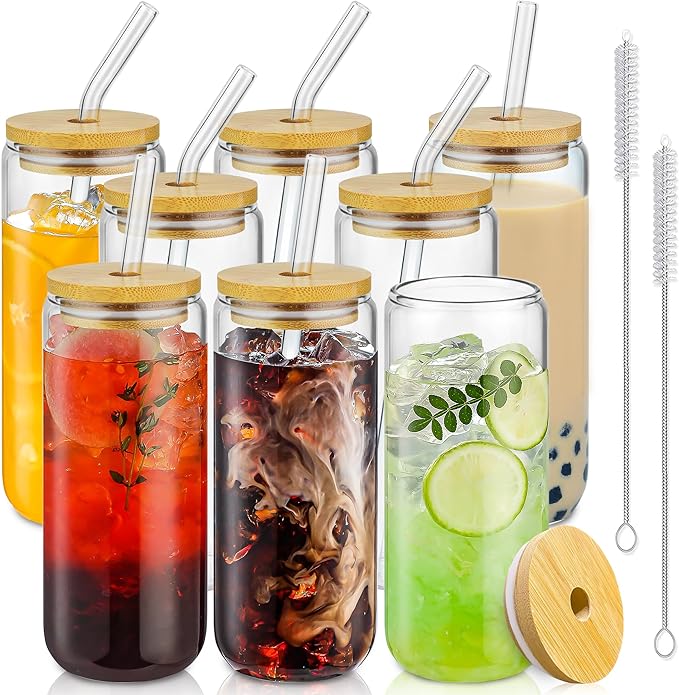 20 Oz Drinking Glasses with Bamboo Lids and Glass Straw - 8 Pcs Glass Cups Beer Ice Coffee Glasses Cute Aesthetic Cup Great for Coffee Bar Accessories Include 2 Cleaning Brushes