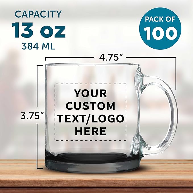 Custom Libbey Clear Glass Coffee Mugs 13 oz. Set of 100, Personalized Bulk Pack - Perfect for Coffee, Tea, Espresso, Hot Cocoa, Other Beverages - Black Bottom