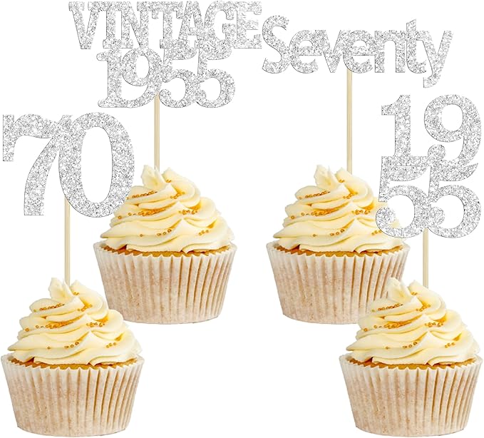 Gyufise 24Pcs 70th Birthday Cupcake Toppers Glitter Cheers to 70 Fabulous Seventy Vintage 1955 Cupcake Picks 70th Birthday Wedding Anniversary Party Cake Decorations Supplies Silver