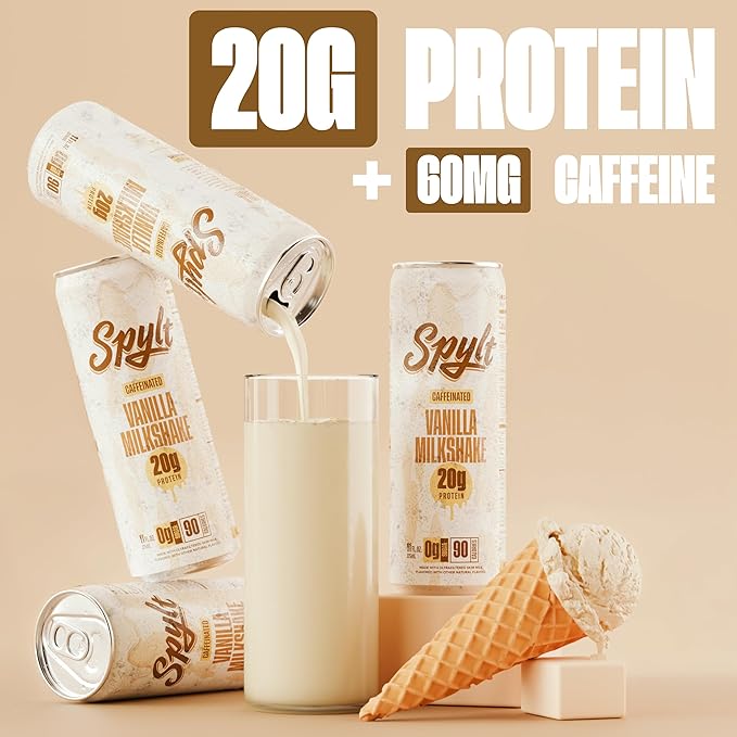 Spylt High Protein Vanilla Milkshake with 60mg Caffeine & 20g Protein - 90 Calories, Ready to Drink, Sugar Free, Lactose Free Milk, Perfect for Workout Recovery & Afternoon Pick Me Up - 12 Count