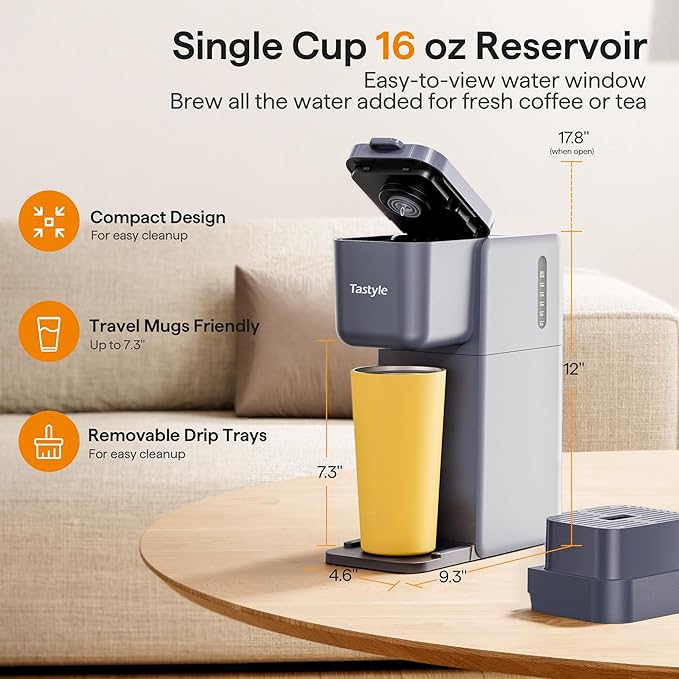 Single Serve Coffee Maker for K Cup, Ground and Tea, Hot and Iced Coffee Machines with Bold Setting, 6 to 16 Oz Brew Sizes, Compact for Small Spaces, Gray (2.0 Version)