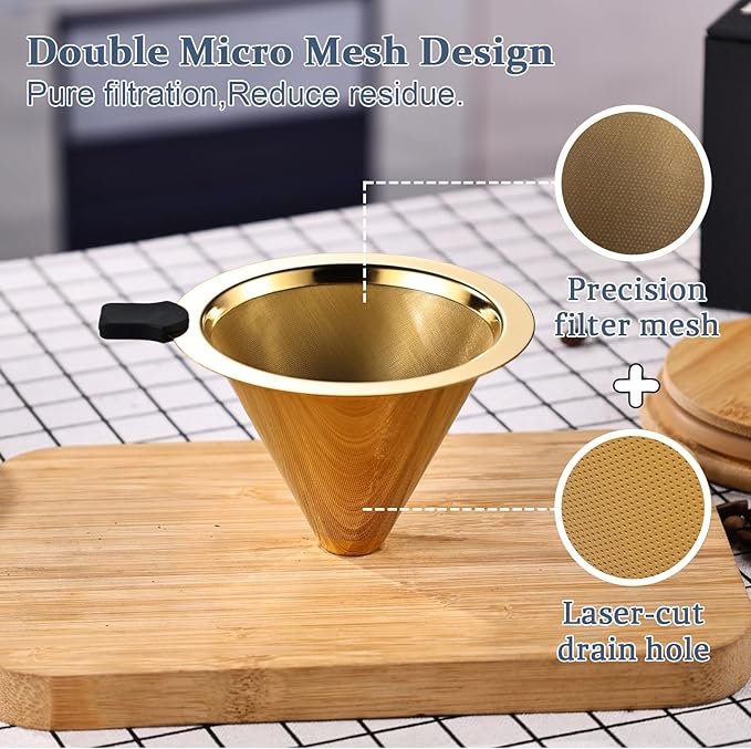 Small Size Pour Over Coffee Filter Dripper, Stainless Steel Metal Cone Drip Coffee Filter, Paperless and Permanently Reusable, Double Mesh Coffee,Tea Filter for 1-2 Cups