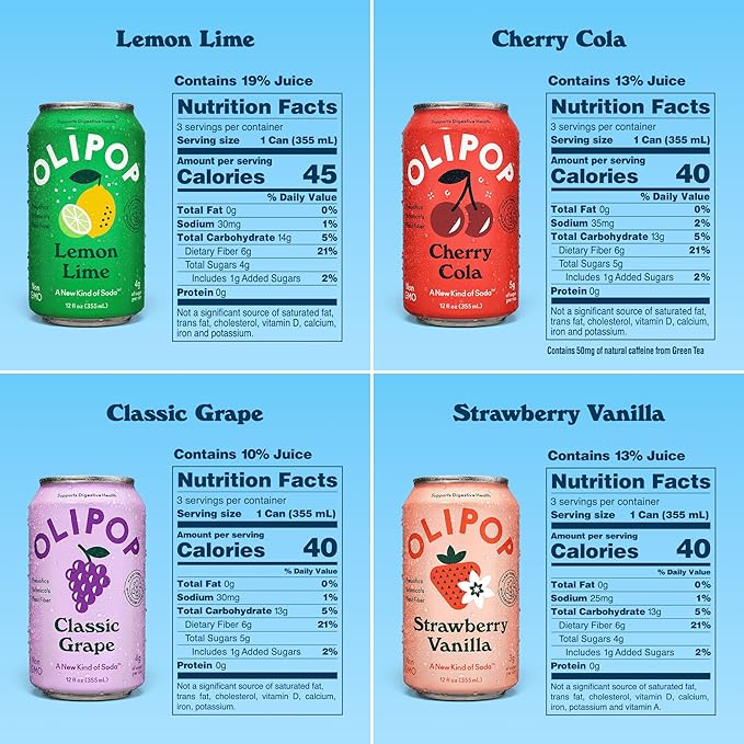 OLIPOP Prebiotic Soda Pop, Fruity Fun Variety, Pantry Pack Packed with Prebiotics, Fiber, and Botanicals, Gluten Free, Vegan, GMO Free, 12oz (12-Cans)