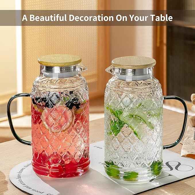 2 PACK Glass Pitcher with Bamboo Lid, 68 oz/2L Vintage Water Pitcher, Clear Borosilicate Glass Water Carafe for Cold Brew, Coffee, Lemonade, Iced Sun Tea,Beverage, Heat Resistant Water Glass Jug